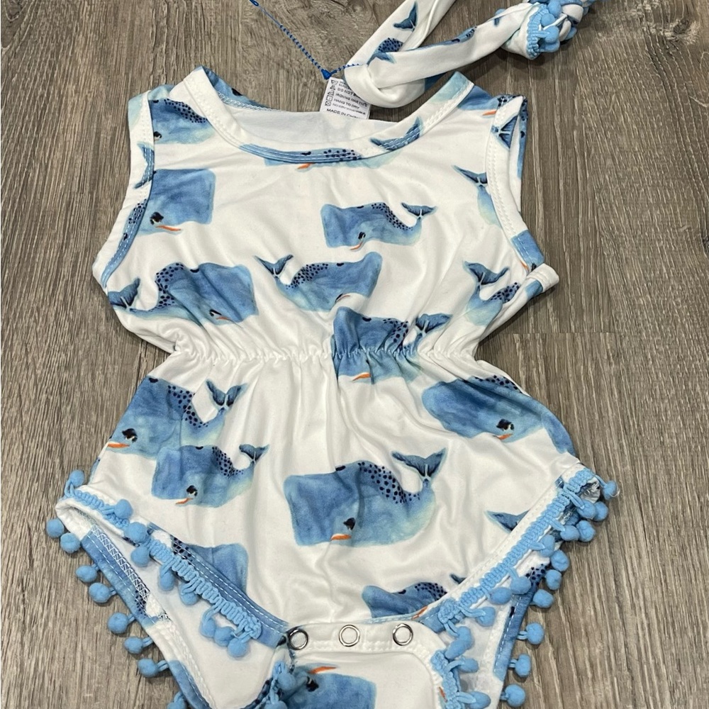 Funnycokid Baby Girl Outfit and Headband Blue Whales J18